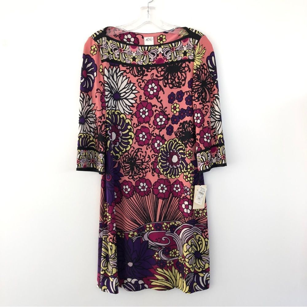 Ali Ro Floral Midi Dress In Peach Multi Drapey A-Line With Flare Sleeves 6 NWT